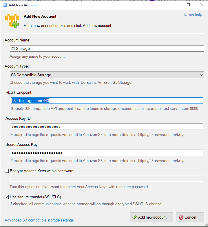 S3 Browser - Add New Account - Z1 Storage